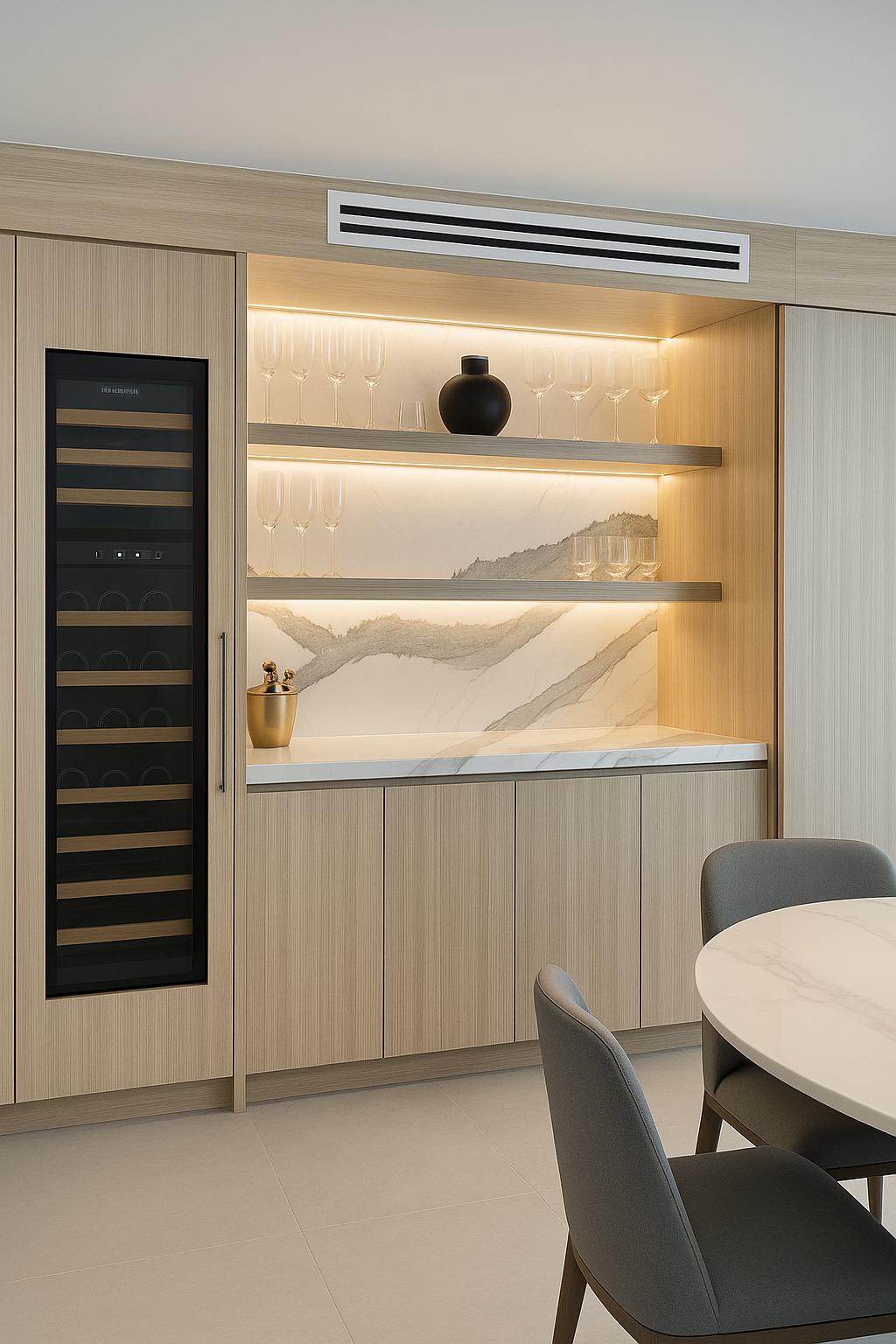 Stylish bar area with quartz backsplash and shelving, integrated wine refrigerator, wood cabinetry, and under-shelf lighting for a high-end modern look.