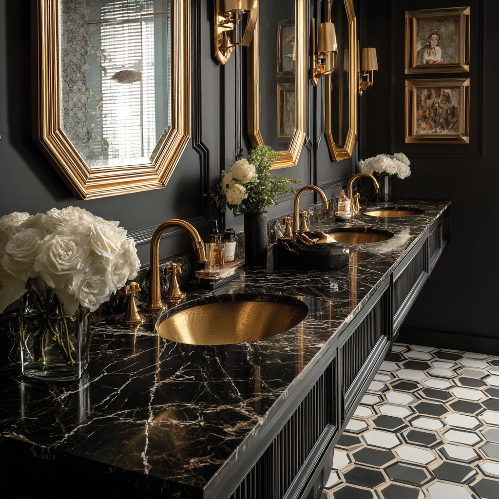 Glamorous bathroom showcasing dramatic quartz veining, black fluted vanities, geometric floor tile and gold mirrors