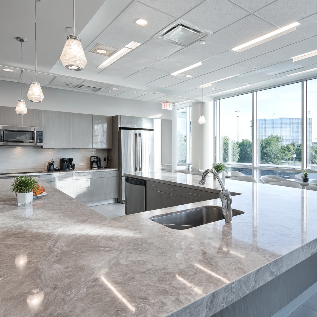 Sleek South Florida corporate breakroom showcasing an L-shaped grey quartz countertop, stainless steel appliances, pendant lighting, and floor-to-ceiling windows.