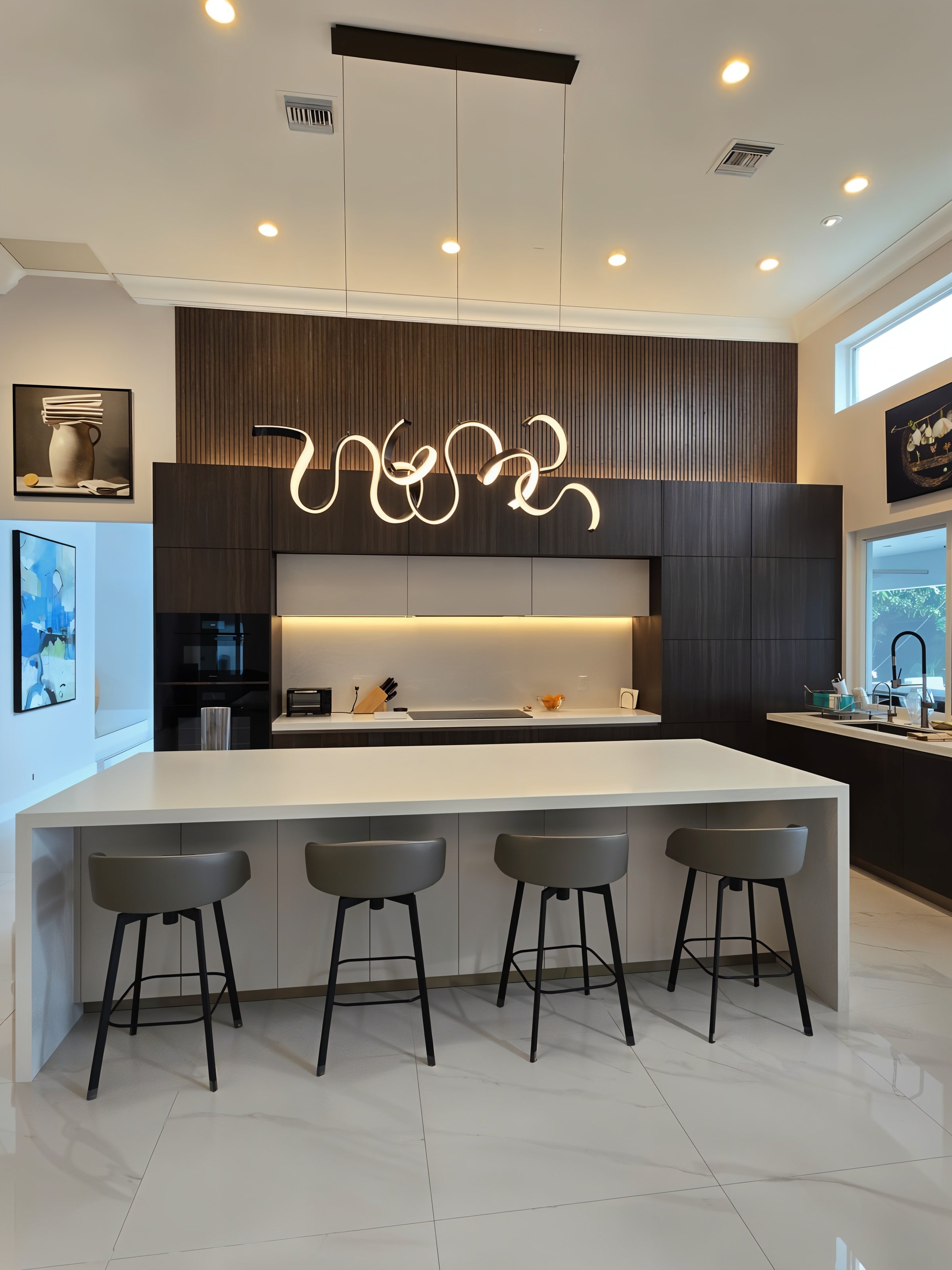 Minimalist kitchen design with a quartz island, dark wood cabinets, and stylish pendant lighting.