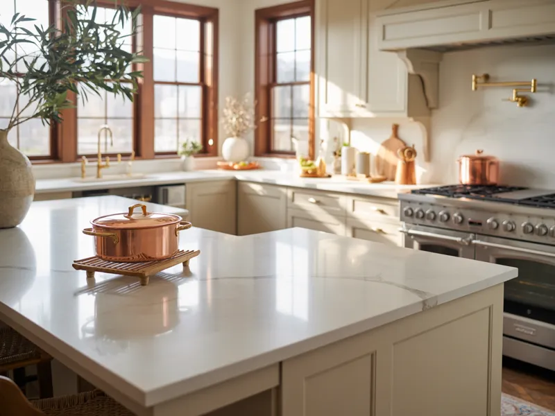 Copper pot resting on a wooden trivet on a white quartz kitchen island