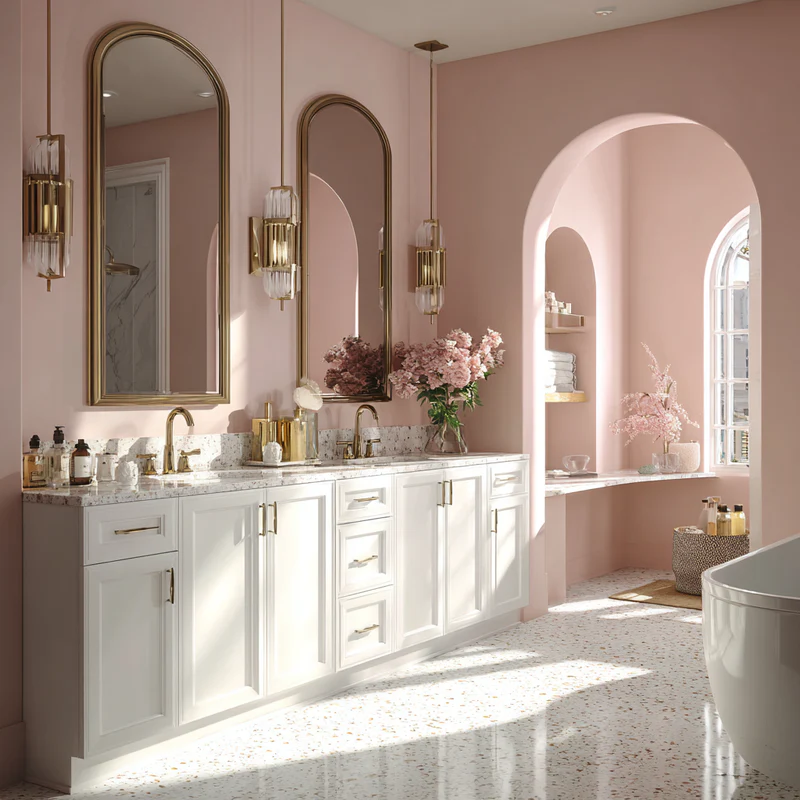 Blush pink bathroom with terrazzo and gold fixtures