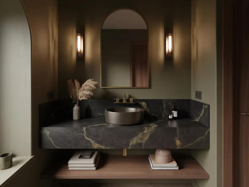 Custom quartz bathroom features and shelving