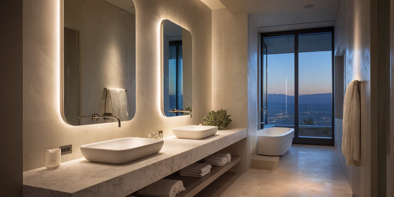 Penthouse bathroom with backlit mirrors and city view
