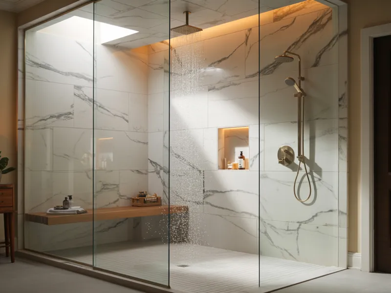 Quartz shower surround with glass enclosure