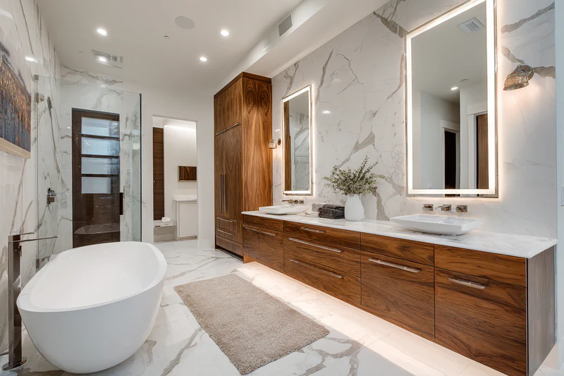 Spa bathroom with Calacatta quartz vanity and walnut tub surround
