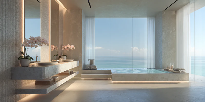 Spa bathroom overlooking infinity pool with orchids