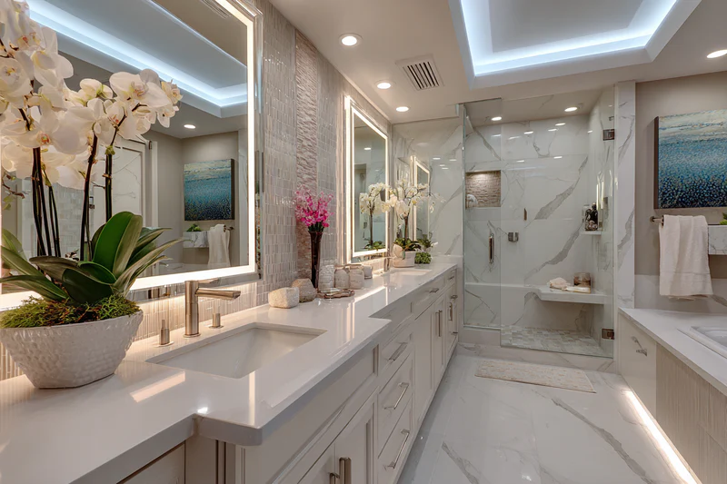 Coastal bathroom with white quartz vanity and orchids