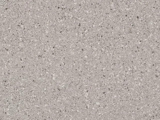 Caesarstone Atlantic Salt quartz swatch: light gray background with white, brown and black flecks
