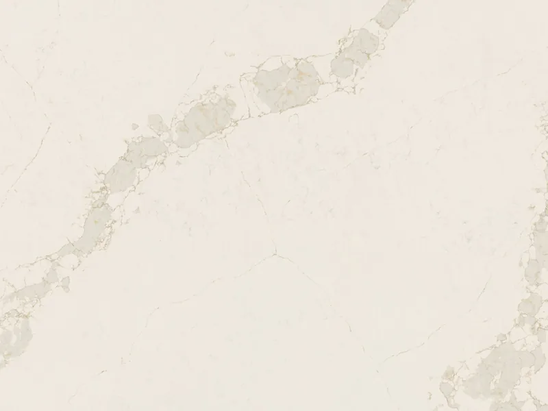 Caesarstone Calacatta Nectar quartz swatch: radiant white background with bold gray and golden veins