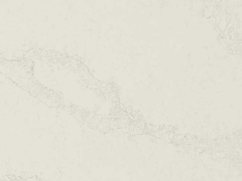 Caesarstone Calacatta Nuvo quartz swatch: creamy white background with cascading gray streaks
