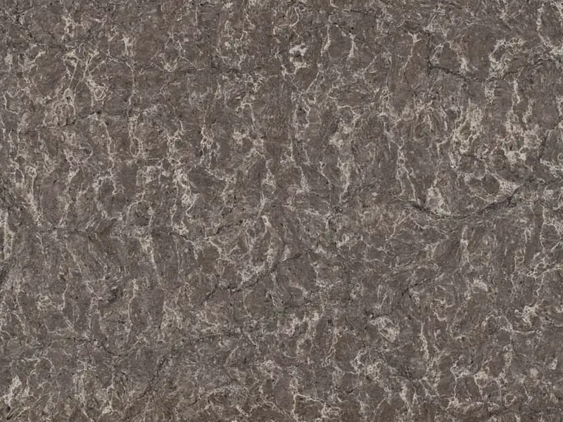 Caesarstone Coastal Grey quartz swatch: dark gray background with swirling white and black layers