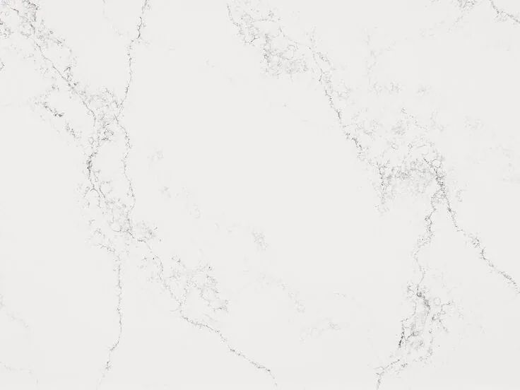 Caesarstone Empira White quartz swatch: pure white background with soft gray shadow veins