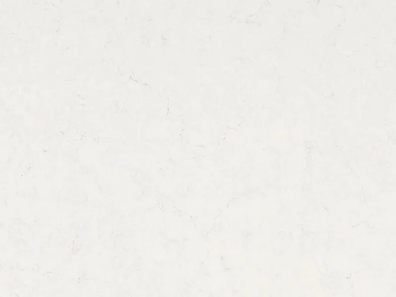 Caesarstone Frosty Carrina quartz swatch: ivory white background with powdery gray veins
