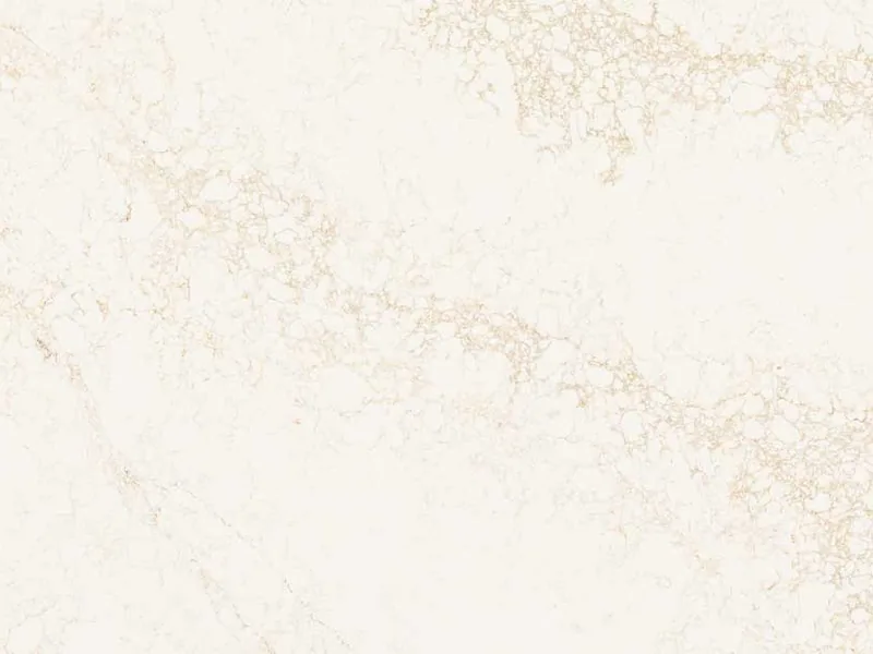 Caesarstone Goldfinch quartz swatch: pure white background with a dense mesh of gilded sandy veins