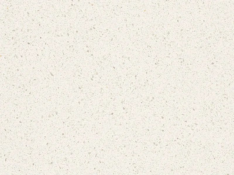 Caesarstone Ocean Foam quartz swatch: true white background with gray specks and translucent crystals
