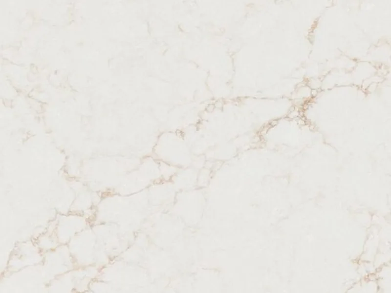 Caesarstone Rossa Nova quartz swatch: off-white background with amber and golden veins