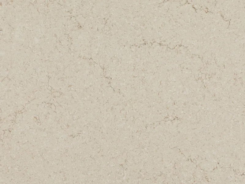 Caesarstone Taj Royale quartz swatch: warm tan background with soft white and brown veins