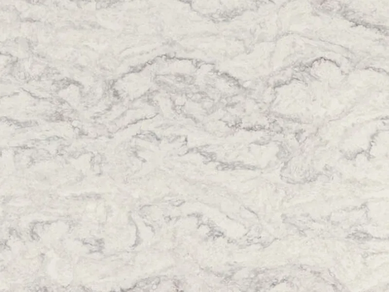Caesarstone Tivoli quartz swatch: hazy off-white background with swirling earthy horizontal veining