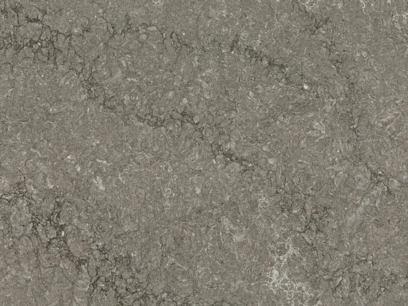 Caesarstone Turbine Grey quartz swatch: swirled gray background with dark and light veins