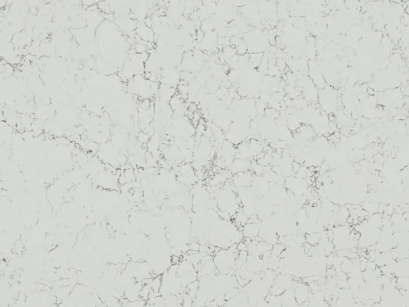 Caesarstone White Attica quartz swatch: white background with inky gray and black veins