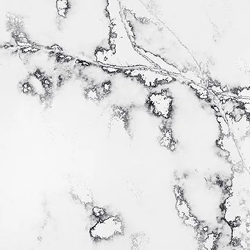 Compac Ice Ink quartz swatch: white background with crisp black and blue-gray veins and ink-like patches