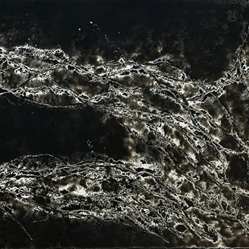 Compac Ice Max Black quartz swatch: black background with thick white and smoky gray veining in horizontal bands