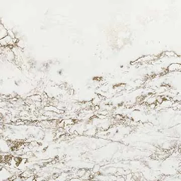 Compac Ice Max Gold quartz swatch: white background with a heavy band of bronze and gold veining