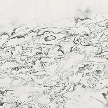 Compac Ice Max Green quartz swatch: soft white background with dense charcoal and sage-green veining