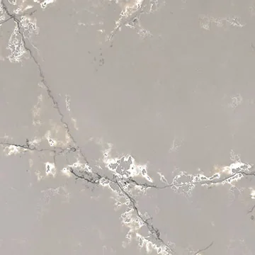 Compac Ice White quartz swatch: taupe-gray background with dark veins edged in white and pale gold