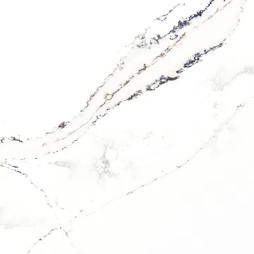 Compac Luxury Borghini quartz swatch: bright white background with a few bold diagonal charcoal veins