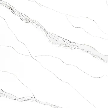 Compac Luxury Vagli Macchia Vecchia quartz swatch: white background with thin diagonal gray veins and a soft gray band