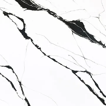 Compac Unique Calacatta Black quartz swatch: bright white background with thick diagonal black veins
