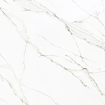 Compac Unique Calacatta Gold quartz swatch: white background with branching gray and soft gold veins
