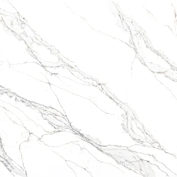 Compac Unique Calacatta Macchia Vecchia quartz swatch: white background with many parallel diagonal gray veins