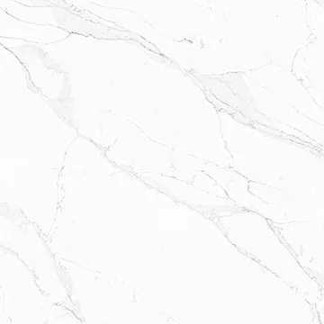 Compac Unique Calacatta quartz swatch: bright white background with soft diagonal gray veins and cloudy bands