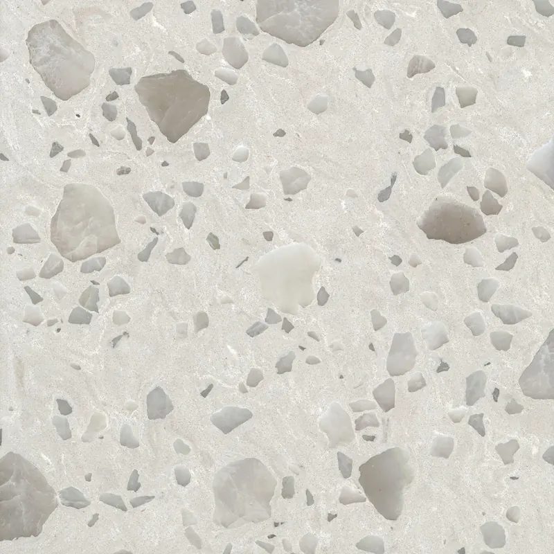 Corian Quartz Alabaster Terrazzo quartz swatch: gray terrazzo-style surface with no veining