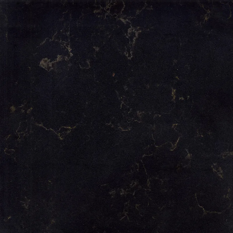 Corian Quartz Black Goldstone quartz swatch: black granite-look surface with moderate veining