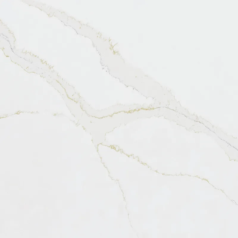 Corian Quartz Calacatta Medallion quartz swatch: white marble-look surface with bold veining