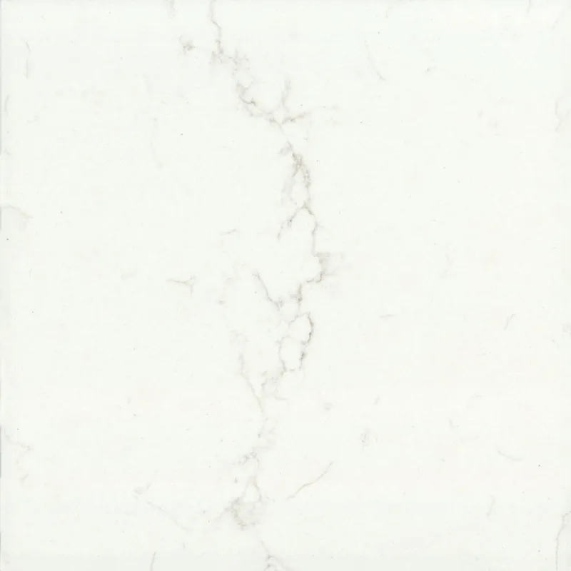Corian Quartz Ethereal White quartz swatch: white marble-look surface with subtle veining