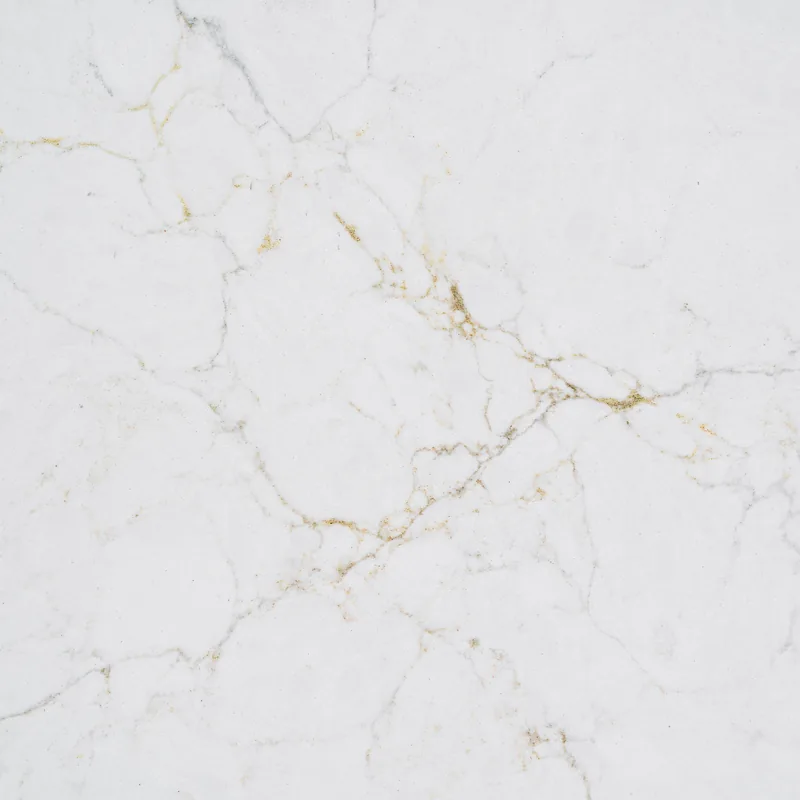 HanStone Quartz Antello swatch: bright white background with crisp grey veins and gold accents