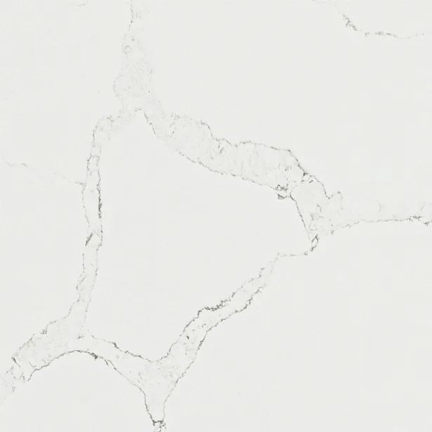 HanStone Quartz Calacatta Mont swatch: white background with bold irregular grey and taupe veins