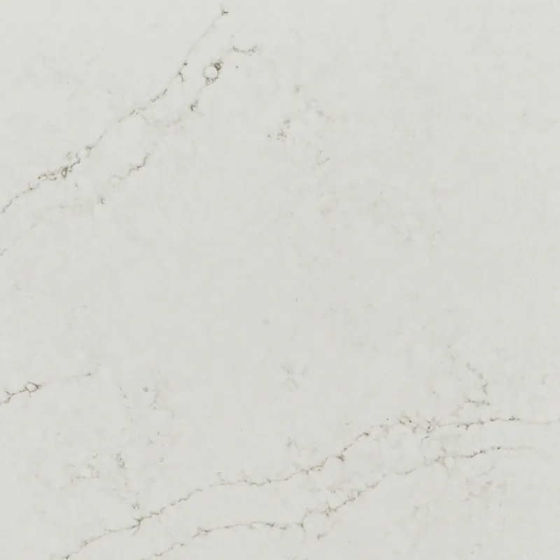 HanStone Quartz Calacatta Venato swatch: layered white background with sweeping grey and taupe bands