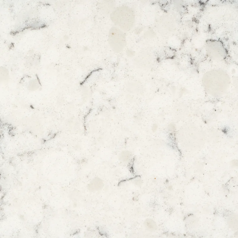 HanStone Quartz Italian Waves swatch: white background with short curling grey veins