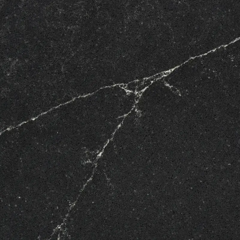 HanStone Quartz Markina swatch: soft black background with warm white veins