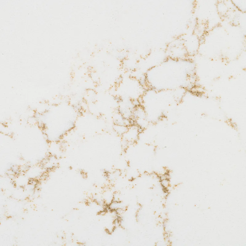 HanStone Quartz Strato swatch: crisp white background with branching amber and gold veins