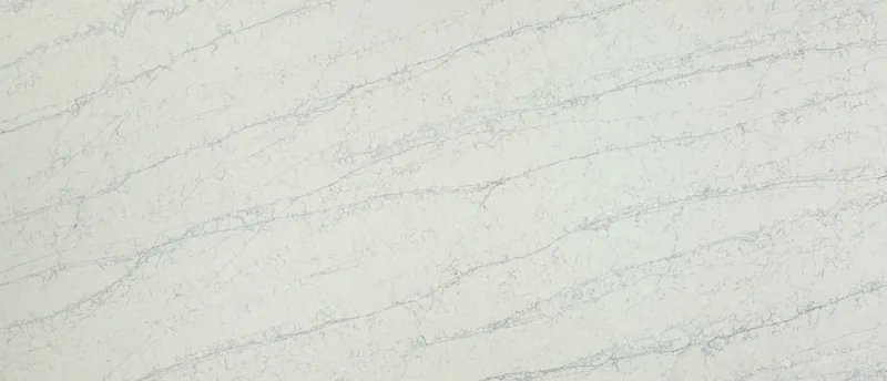MSI Q Quartz Azurmatt quartz slab: cool white base with aqua undertones and thin diagonal gray veins