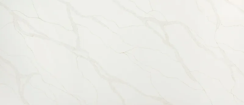 MSI Q Quartz Calacatta Elysio quartz slab: bright white base with diagonal taupe, beige and gray veining