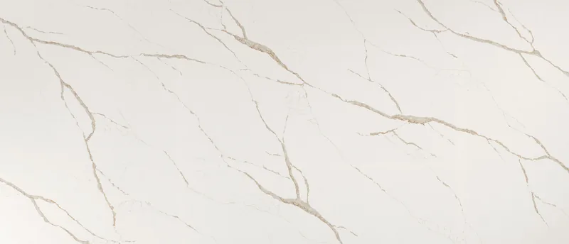 MSI Q Quartz Calacatta Laza Oro quartz slab: white background with bold gold veins