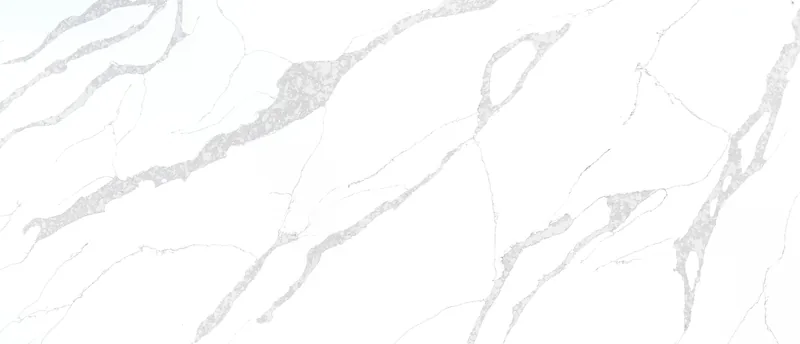 MSI Q Quartz Calacatta Leon quartz slab: soft white background with pronounced dark and light gray veins